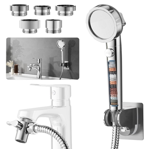 KAIYING Douchette pour Évier avec Accessoire pour Robinet, Pomme de Douche à Main à 3 Modes avec Filtre, Pomme de Douche de Baignoire Haute Pression avec 5 Adaptateurs de Robinet (Chrome)