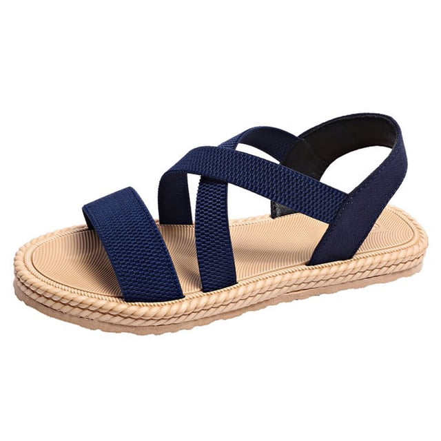 Womens Flat Sandals Slip on Cross Straps Elastic Open Toe Thick Sole Summer Beach Sandals Dark Blue