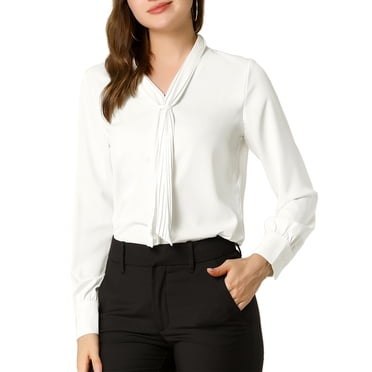 INSPIRE Chic Chemisiers Habillés à Manches Longues pour Femmes en Chiffon Plissé à Nouer au Cou Haut de Bureau Chemise TG Blanc