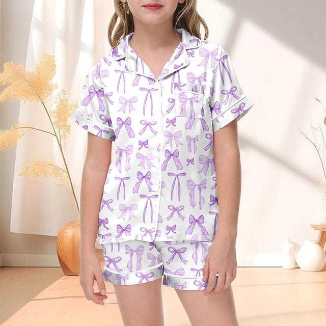 Girls Bow Print Loose Fit Short Sleeve Pajama Set Two Piece Button Down Lapel Preppy Sleepwear Outfit