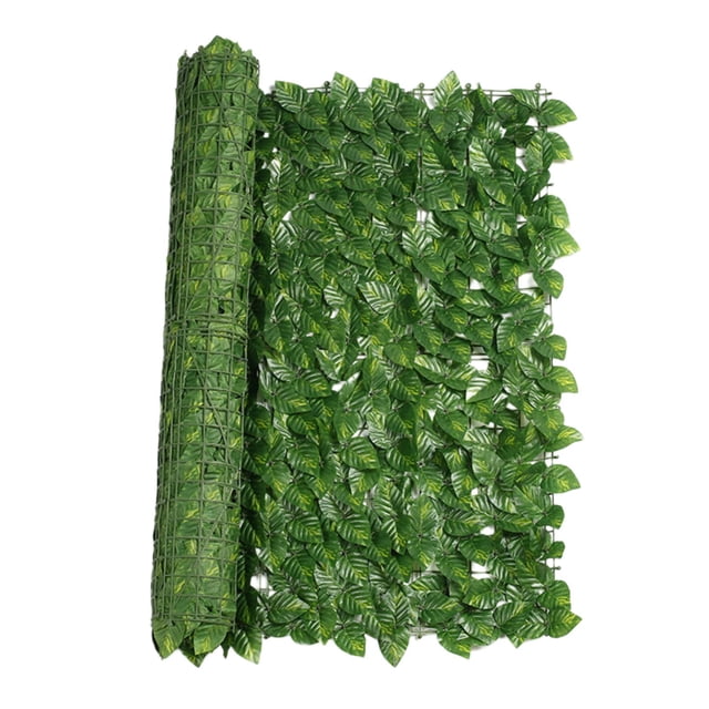 Artificial Trellis Privacy with Yard featuring a roll of green faux leaf privacy screen with a mesh backing, measuring 50x300cm (19.65x117.9 inches). Designed for outdoor use, it provides privacy fencing while allowing air circulation. Suitable for balconies, backyards, and landscaping applications such as garden screening, terrace decoration, or restaurant walls.