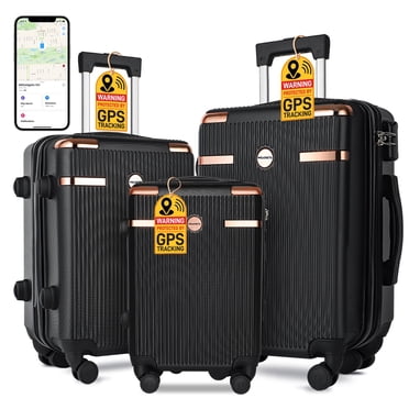 IMGadgets Go Luggage 3pc Set (Black) | Lightweight & Durable ABS Polycarbonate | 360° 4x Dual Spinner Wheels | TSA-Approved Lock | 3 GPS World Smart Tags | Spacious Design | Retractable Iron Handle