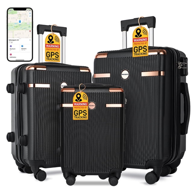 IMGadgets Go Luggage 3pc Set in black, featuring a 20-inch carry-on, 24-inch medium suitcase, and 28-inch large travel bag. Made from durable ABS polycarbonate with a ribbed texture and rose gold accents. Each piece includes 360° dual spinner wheels, a retractable iron handle, and a TSA-approved lock. Equipped with 3 GPS World Smart Tags for real-time tracking via Apple Find My network. Displayed in a front-facing view with a smartphone showing GPS tracking functionality.