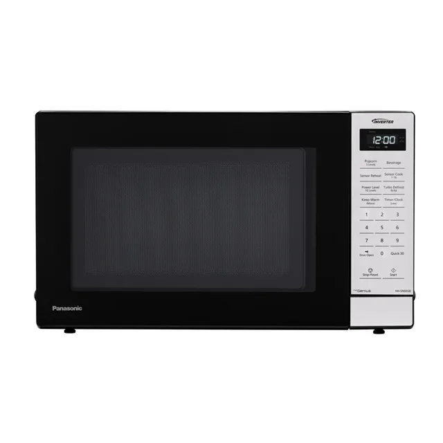 Refurbished (Good) Panasonic 1.2 cu. ft. Inverter Microwave NN-SN68QB with 1250W power, sleek black exterior, white control panel, Genius cook and reheat sensor, 10 power levels, compact design, child lock, and a spacious 13.4-inch turntable.