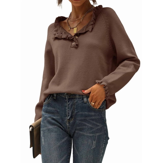 Women Sweaters Fall Winter Clothes Long Sleeve Button Up Ruffle Crew Neck Casual Knitted Pullover Tops Brown M