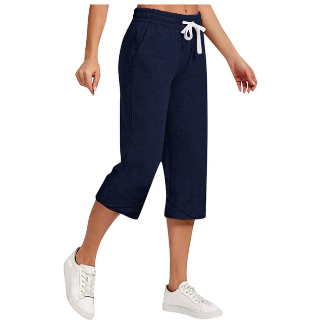 AherBiu Womens Capris for Summer Cotton Linen High Waisted Drawstring Cropped Pants Loose Lounge Capris Trousers