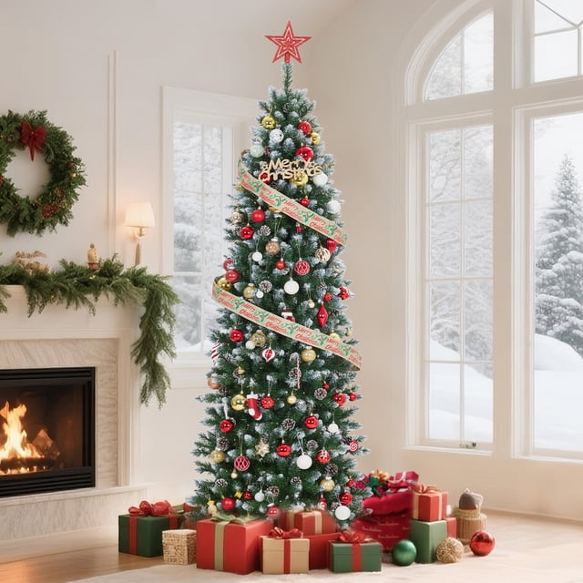 7.5ft/9ft Christmas Tree, Artificial Prelit Pencil Tree, Easy Assemble, Xmas Decor for Home Party Office Mall Holiday