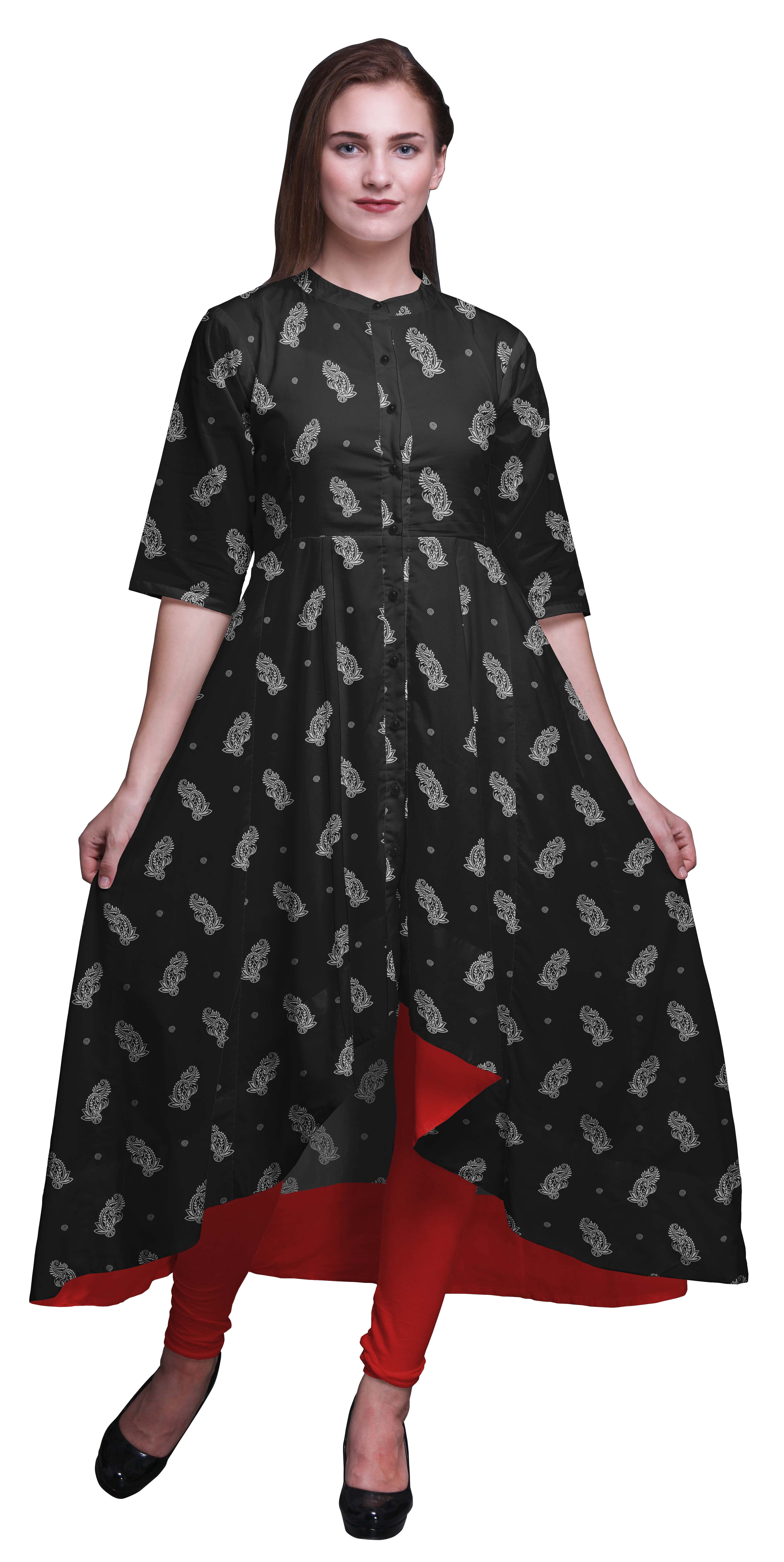 Bimba Robe Anarkali Noire à Spirale et à Motif Cachemire pour Femmes, Col Mandarin, Kurtis Indiens, Kurta Asymétrique - Grand