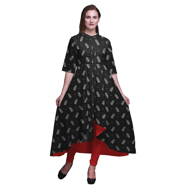 Bimba Robe Anarkali Noire à Spirale et à Motif Cachemire pour Femmes, Col Mandarin, Kurtis Indiens, Kurta Asymétrique - Grand