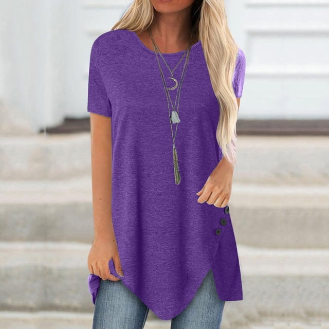 AherBiu T-Shirts pour Femmes Grande Taille Col Rond Coupe Ample T-Shirts Surdimensionnés T-Shirts d'Été Confortables Ourlet Uni