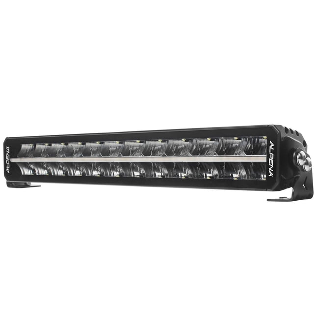 Alpena TrekTec Light Bar D22P double row LED light bar with black alloy housing, clear lenses, white accent light strip, and stainless steel adjustable mounting brackets, compatible with 12-24V DC systems, suitable for off-roading vehicles and powersports use.