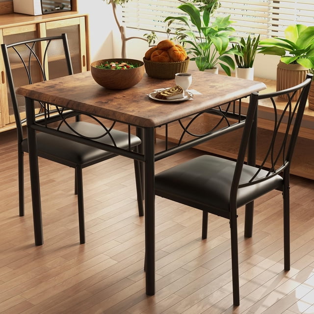 QinaQin 3 Piece Dining Table Set for 2, Space Saving Kitchen Table with 2 Upholstered Chairs, Apartment Dining Furniture for Small Spaces