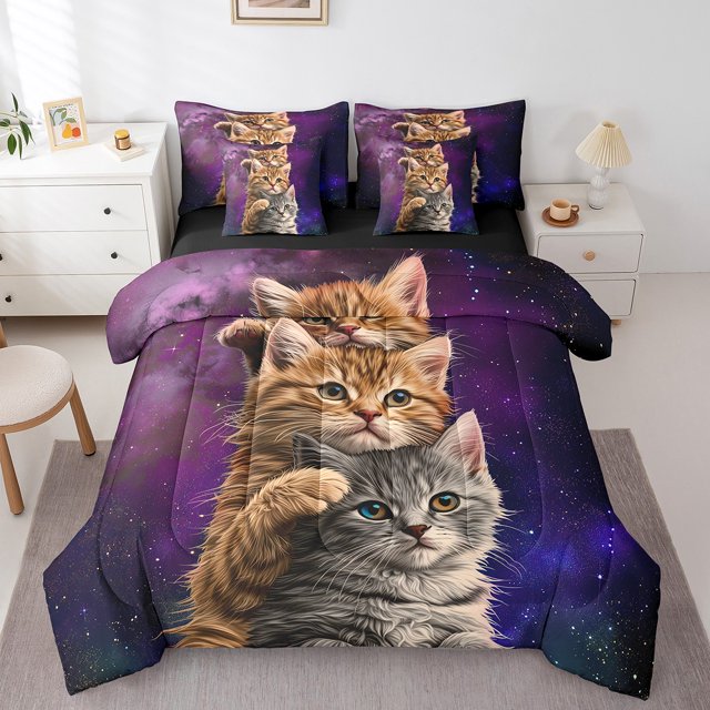 YST Cute Cat Bedding Comforter Set, 7-Piece, Animal Themed, Purple Galaxy, Full. This bedding set features a whimsical design with adorable cartoon cats against a purple galaxy background. The set includes a comforter, flat sheet, fitted sheet, two pillowcases, and two throw pillow covers, all in matching patterns. Perfect for kids' rooms, this bedding adds a playful and cozy touch to any space. The bedding is machine washable for easy care and designed for year-round comfort.