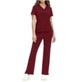 thumbnail image 1 of FRSASU Scrubs Set for Women Medical Uniform Stretch V-Neck Scrub Top & Drawstring Jogger Pant with Pockets Wine L(L), 1 of 7