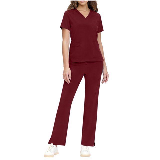FRSASU Scrubs Set for Women Medical Uniform Stretch V-Neck Scrub Top & Drawstring Jogger Pant with Pockets Wine L(L)