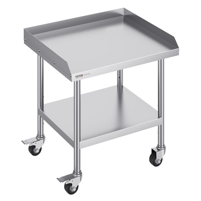 VEVOR Table de Travail en Acier Inoxydable 24"x28 Pouces Table Commerciale de Préparation des Aliments avec 4 Roulettes. la Table Présente une construction durable en Acier Inoxydable SUS201 avec une surface Lisse et Résistante à la Rouille. Elle Comprend un Dosseret de 2 Pouces pour Prévenir les Déversements, une Tablette Inférieure Ajustable pour un Rangement Polyvalent, et Quatre Roulettes Pivotantes, Deux avec Freins, pour la Mobilité et la Stabilité. Idéale pour Cuisines, restaurants, garages et Ateliers.