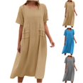 thumbnail image 5 of Dvprdro Robe Femme Grande Taille Été Mode Uni Col Rond Manches Courtes à Étages Plissée Fluide Robe Coton Lin Décontractée Ample Plage Soleil Robe Midi, 5 of 5