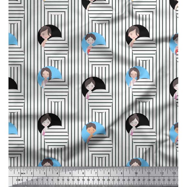 Soimoi Tissu Crêpe polyester Bleu à Rayures & Imprimé Visage Humain pour Femmes au Mètre 42 Pouces de Large