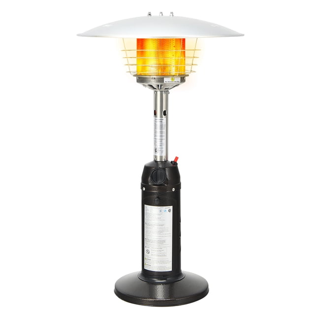 Costway 13,000 BTU Portable Tabletop Propane Patio Heater in brown with a compact design measuring 21 inches by 21 inches by 38 inches. Features a rust-resistant steel and aluminum construction, a weighted base for stability, and a wire guard for safety. Includes an ignition switch and control knob for adjustable flame size. Compatible with 1.02 lbs propane gas tanks. Suitable for outdoor use in courtyards, patios, gardens, and balconies.