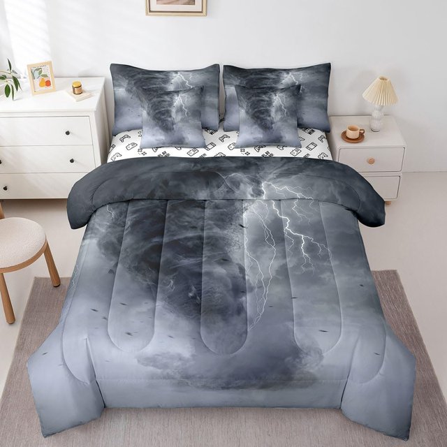 YST 3D Tornado 7 Pieces Bedding Set Lightning Comforter Set for Boys Girls Natural Disaster Bed Set Room Decor Queen Size Tornado Pattern Soft Warm Microfiber Bedding