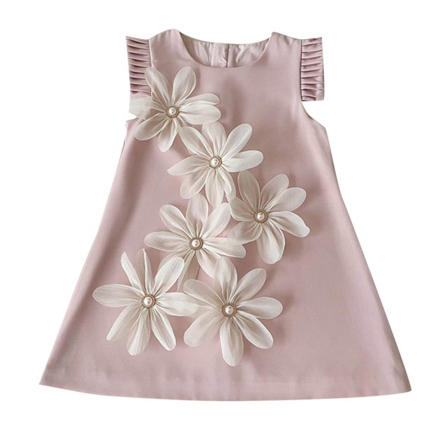 Ashirexll Robe d'Été pour Filles Sans Manches à Col Rond, Couleur Unie, Mélange de Coton, Longueur Genou, Rose, 7 Ans