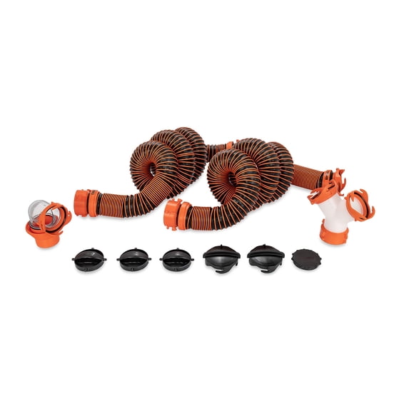 RhinoEXTREME 21056 Trousse de Boyau d'Égout de 20 Pieds pour VR avec Réservoirs de Maintien en Tandem - Trousse Prête à l'Emploi - Comprend un Adaptateur 4-en-1, des Capuchons de Rangement et un Raccord Pivotant de Liaison