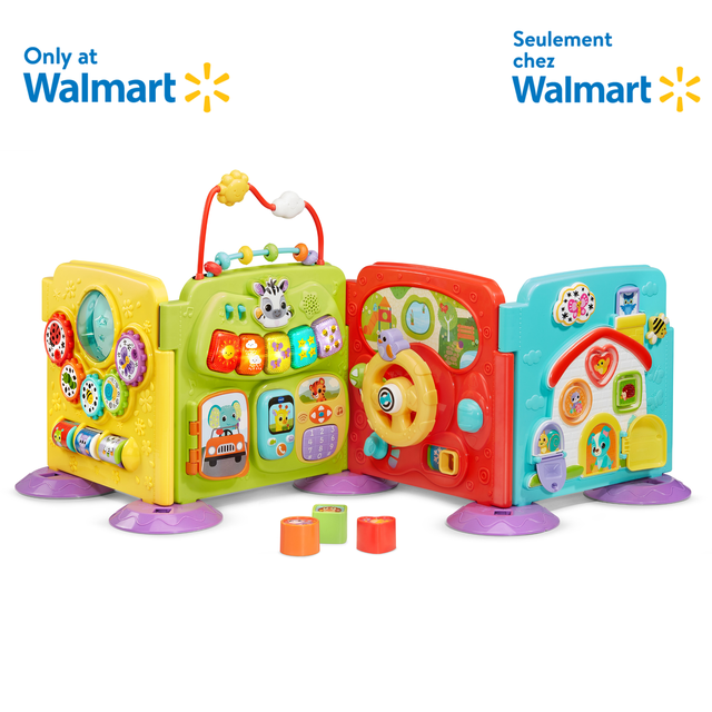 VTech Centre d'Activités 4-en-1 pour Bébé avec Panneaux Mobiles Multicolores, Comprenant des Touches de piano Lumineuses Interactives, un Volant, des Blocs Trieurs de Formes et des Panneaux à Thème Animal pour Nourrissons de 3+ Mois afin de Développer les Habiletés Motrices et la coordination Oeil-Main en Électronique Éducative pour Enfants.