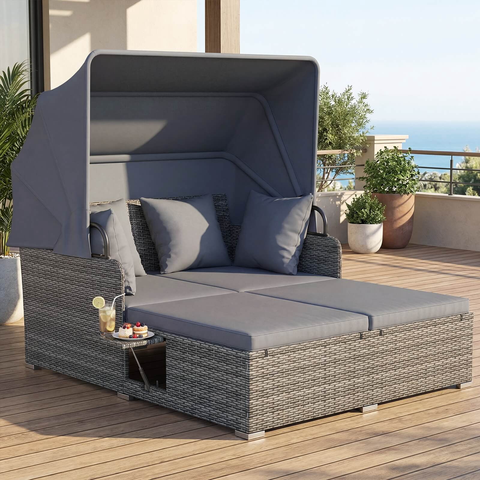 Costway Lit de Jour en Rotin pour Patio avec Auvent Rétractable, Tables d'Appoint, Coussins, Beige Gris Mélangé + Gris