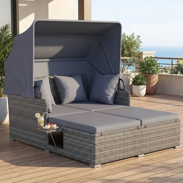 Costway Patio Rattan Daybed Lounge Retractable Top Canopy Side Tables Cushions Beige Mix Gray + Gray