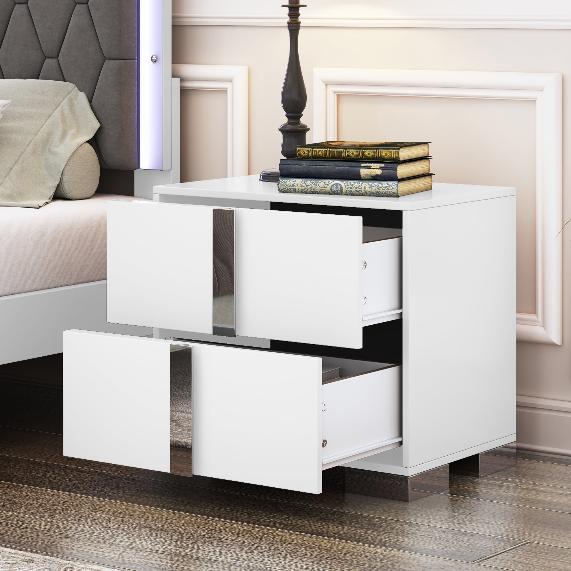 Noble House Elegant Nightstand with Metal Foot, Mirrored Bedside Table, White