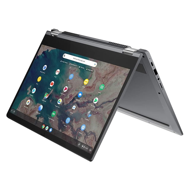 Remis à Neuf (Bon) Lenovo IdeaPad Flex 5 Portable 2-en-1 de 14 Pouces avec Processeur Core i5-1235U, 8 Go de RAM et SSD de 256 Go, Compatible avec Chrome OS. Présenté en mode Tente avec une Charnière à 360 Degrés, Affichant un Écran vibrant avec interface Chrome OS et Icônes d'App.