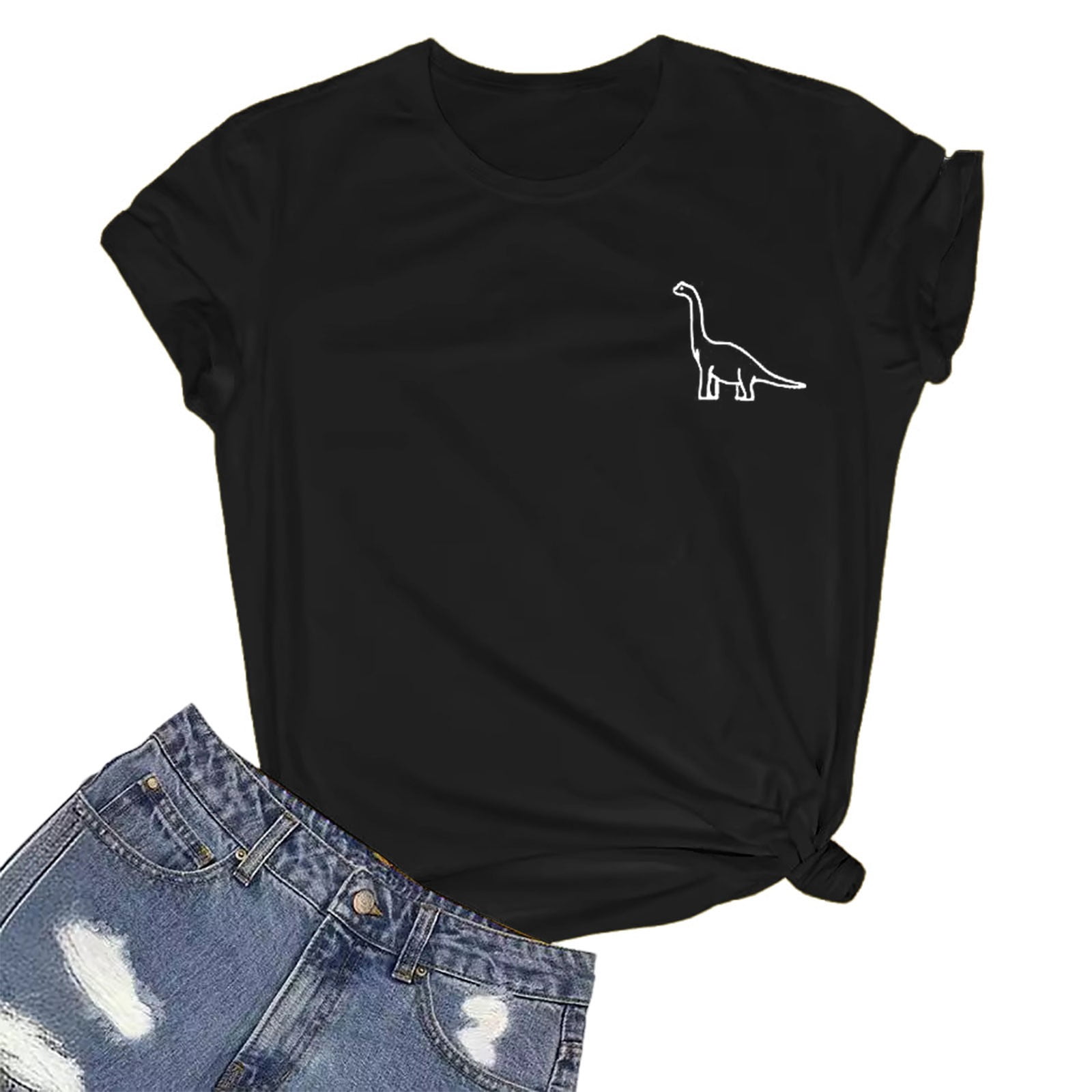 WEIYLL Womens T Shirts Small Dinosaur Print Black Blouse Sizes S