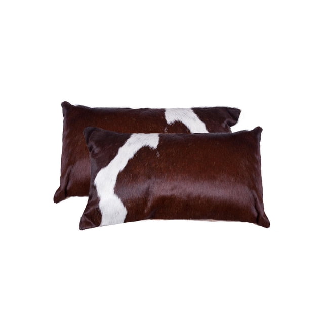 TORINO KOBE COWHIDE PILLOW 12"X20" 2-PACK with two hand-stitched rectangular pillows made from 100% natural Indian cowhide in brown and white, featuring hidden zipper closures and ultra-soft microsuede backing, suitable for layering in home décor or as decorative lumbar support.