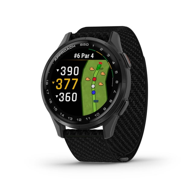 Garmin Approach® S50 Montre Intelligente de golf GPS Noire avec Écran AMOLED de 1,2 Po Indiquant le Trou No 6 par 4, la Disposition du Parcours de golf, les distances à l'Avant, au Milieu et à l'Arrière du Vert, les Marqueurs de Danger, et un Bracelet en nylon Noir ComfortFit pour un Confort Toute la Journée.