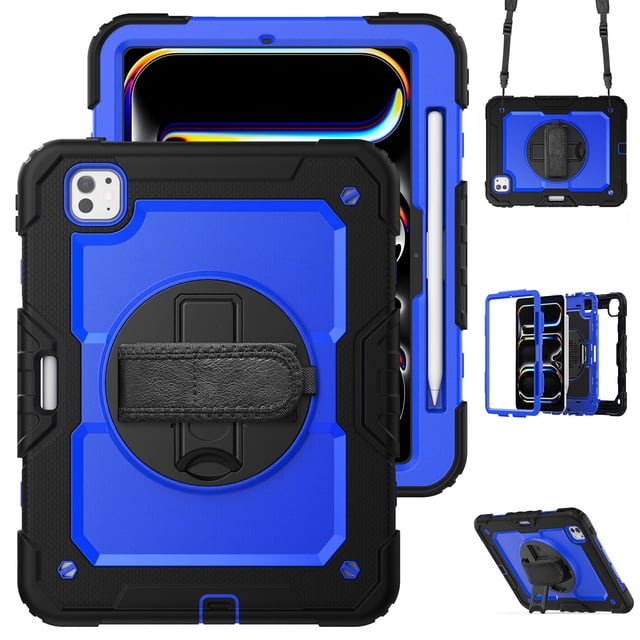 XYX For iPad Pro 11 inch Case 2024 (M4), 360 Rotating Shockproof Cover with Stand, Screen Protector, Shoulder Strap, Dark Blue PC