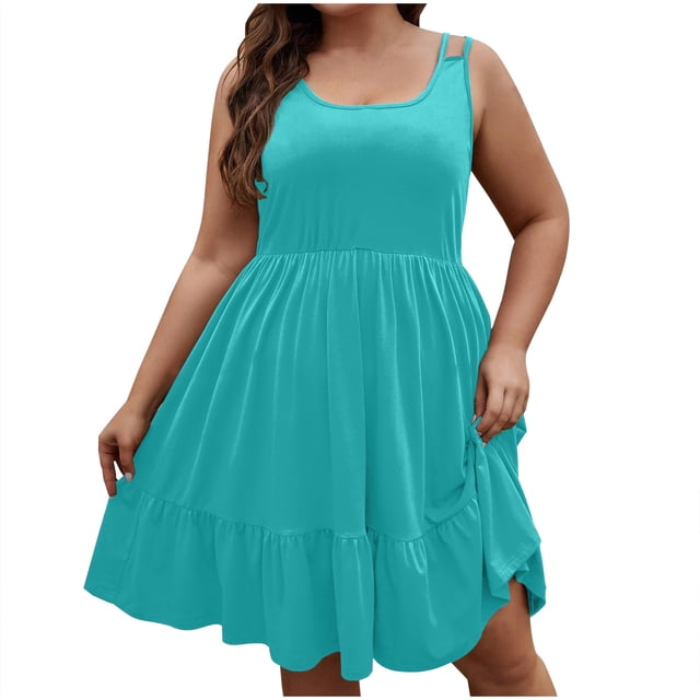 Timegard Plus Size Dresses for Women Scoop Neck Ruffle Sleeveless Loose Comfy Mid Long Dress Summer