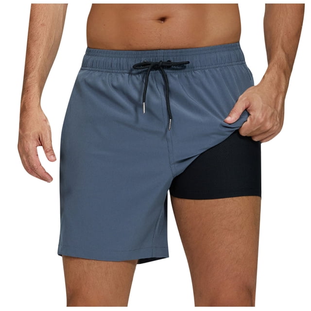 hotojiny 2 in 1 Workout Shorts for Men Fashion Color Block Stretch Gym Short Pants Breathable Drawstring Running Athletic Shorts
