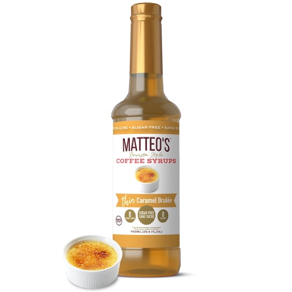 Matteo's Sirop Aromatisant Sans Sucre pour Café, Caramel Brûlé, Délicieux Sirop de Café, 0 Calories, 0 Sucre, Compatible Keto (750mL, Bouteille Unique)