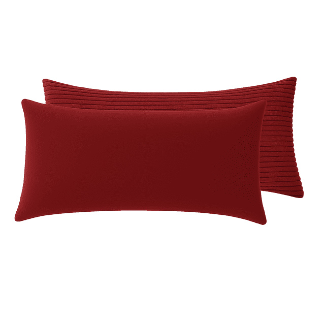 Cord Plush Rhubarb Body Pillow set showing two rectangular pillows in rhubarb red; one with smooth plush fabric and the other with ribbed cord texture, providing full-body support and decorative bedding comfort.