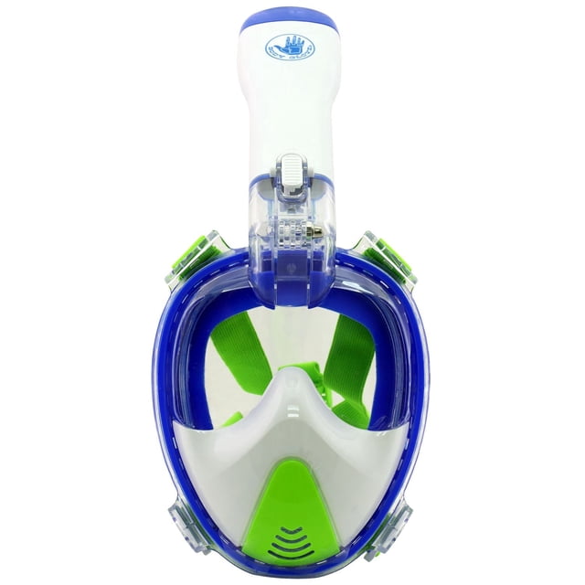 Body Glove Junior Full Face Snorkel Mask with GoPro Mount Anti-Fog 180° Panoramic View Dry Top System A centered, front-facing junior full-face snorkel mask with a 180° panoramic lens and integrated GoPro-style mount, featuring a dry-top snorkel to help prevent water entry, anti-fog airflow separation, soft silicone face seal and adjustable straps on a plain white background; often used as a beginner snorkeling and surface-swim training aid.