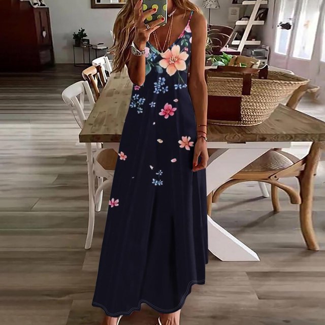 Ovzne Robes pour Femmes Robe d'Été Robes d'Été pour Femmes Imprimé Sans Manches Col Rond Robe Décontractée Robes Grande Taille Robe Maxi Imprimée Liquidation