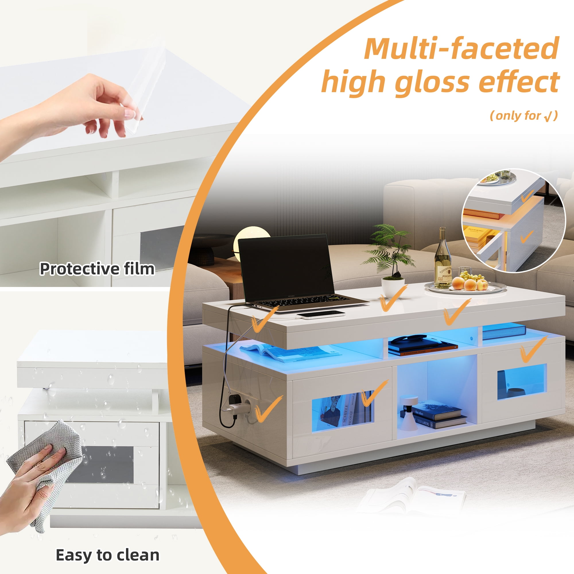 Noble House Table basse haute brillance avec lumières LED, Ports et prises USB, Centre 2 portes et Table d’appoint canapé, blanc