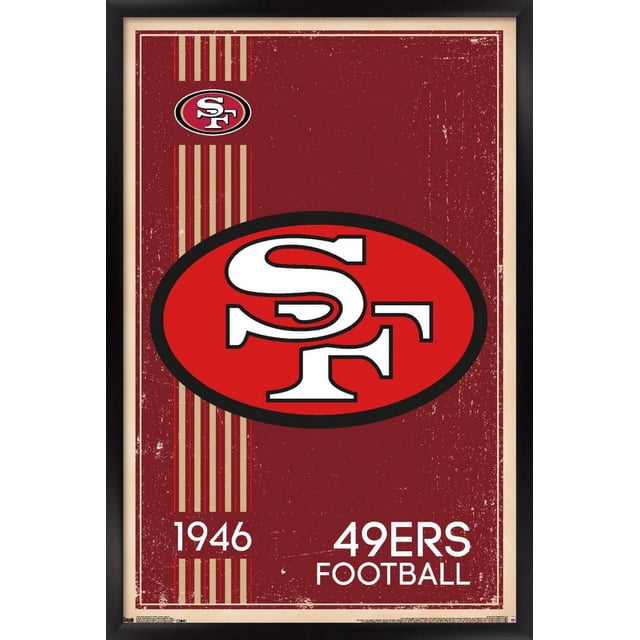 NFL San Francisco 49ers - Affiche Murale Rétro Logo 14, 22,375 Pouces x 34 Pouces Encadrée Montre une Affiche vintage Rouge avec un Grand Logo Ovale Rouge Définie en Noir Mettant en Vedette des Lettres Blanches « SF » Emboîtables. des Rayures Verticales Dorées et Rouges Apparaissent sur le Côté Gauche avec un Arrière-Plan de texture Usée. Texte Blanc en Bas à Droite Lit « 1946 49ers FOOTBALL. » l'Affiche Est Encadrée en Noir avec une Bordure Intérieure