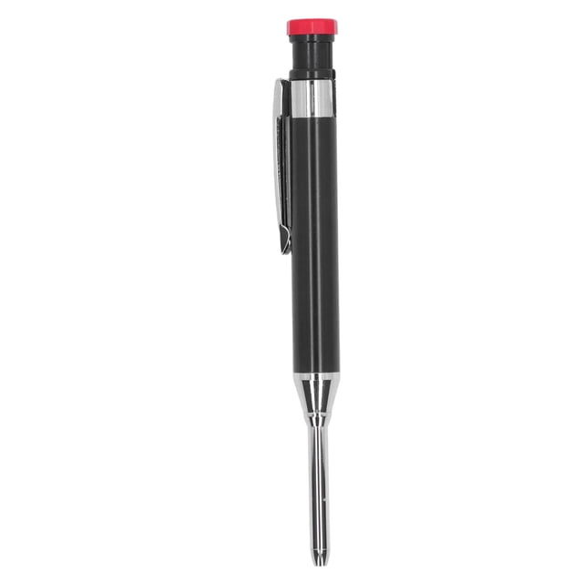 Crayon de Charpentier Mécanique Robuste avec Aiguiseur, Nez Long, Trou Profond pour le Travail du Bois et la Construction, Noir. Ce Crayon Présente un Corps en Métal durable avec une Finition Noire, une Pointe Allongée pour Marquer les Zones Profondes Ou Étroites, et un Aiguiseur Intégré sur le Dessus. Il Comprend une Pince pour une Fixation Facile dans la Poche et Convient au Marquage sur Diverses surfaces comme le Bois, le Métal, le Plastique et le Verre.