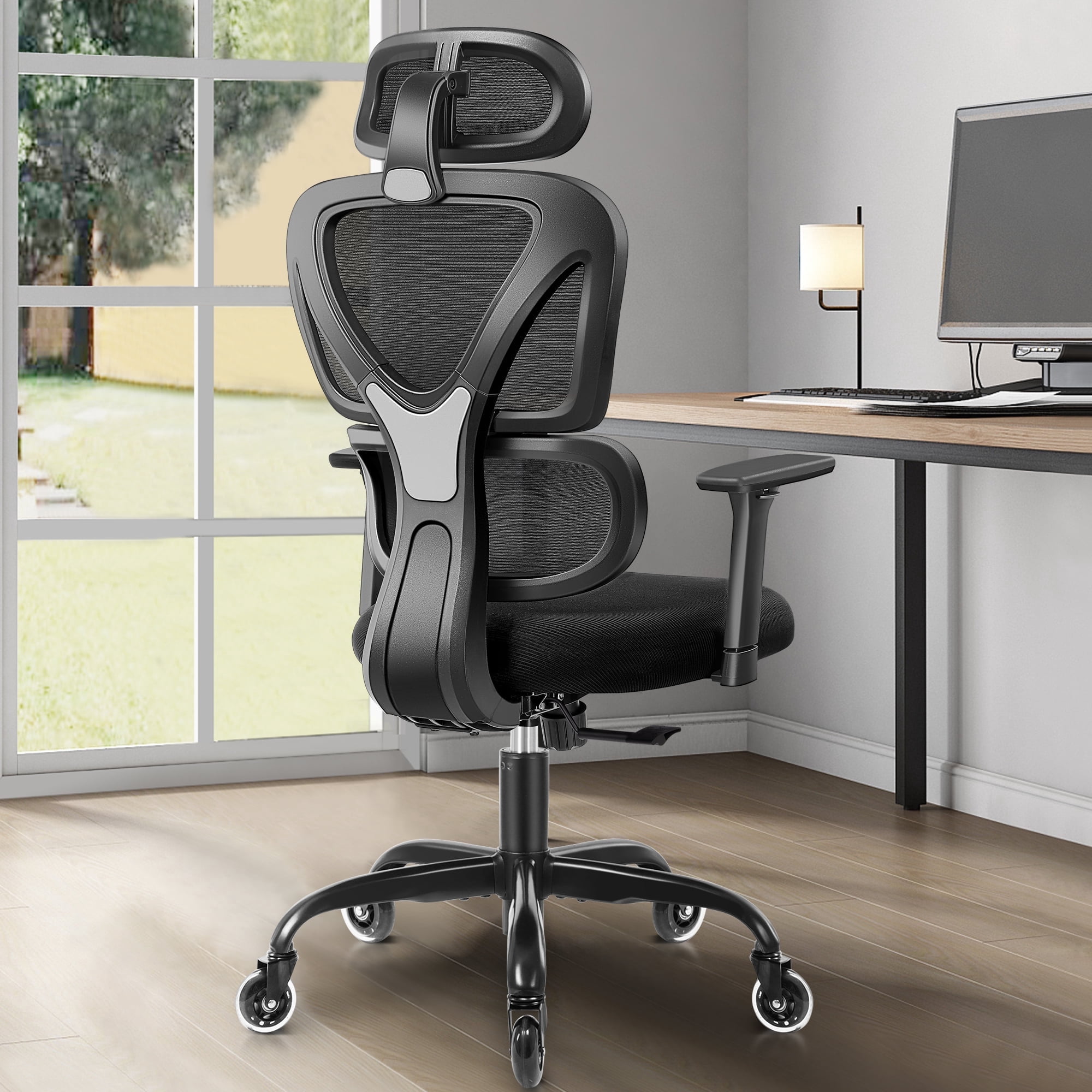 COOLHUT Ergonomic Office Chair with Rubber Wheels, High Back Adjustable Computer Desk Chair with 3D Adjustable Armrest, Headrest & Lumbar Support, Home Gaming Chair Swivel Task Chair 300LBS