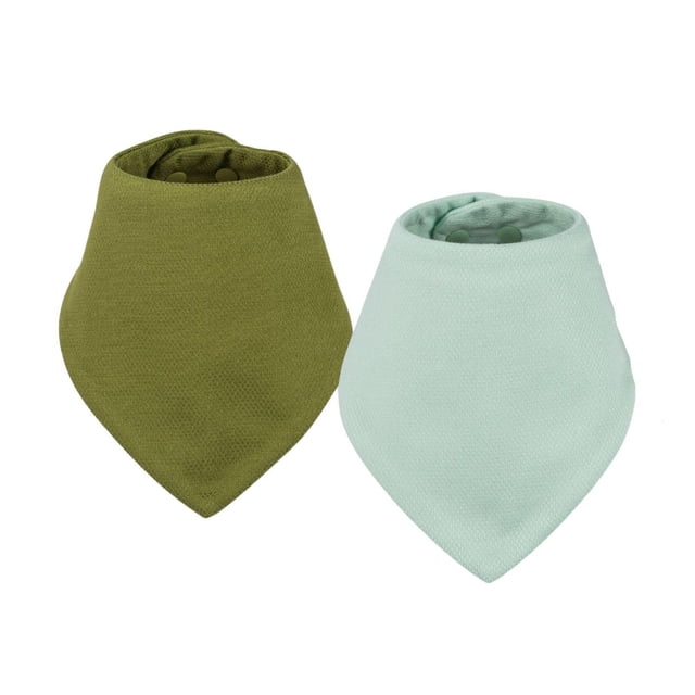 Tiny Twinkle - Kaffle Bandana Bib - 2 Pack with two baby bandana bibs in olive green and pale mint, made from soft, breathable kaffle weave fabric with a waterproof inner layer and adjustable snap closures for drool protection and comfortable fit.