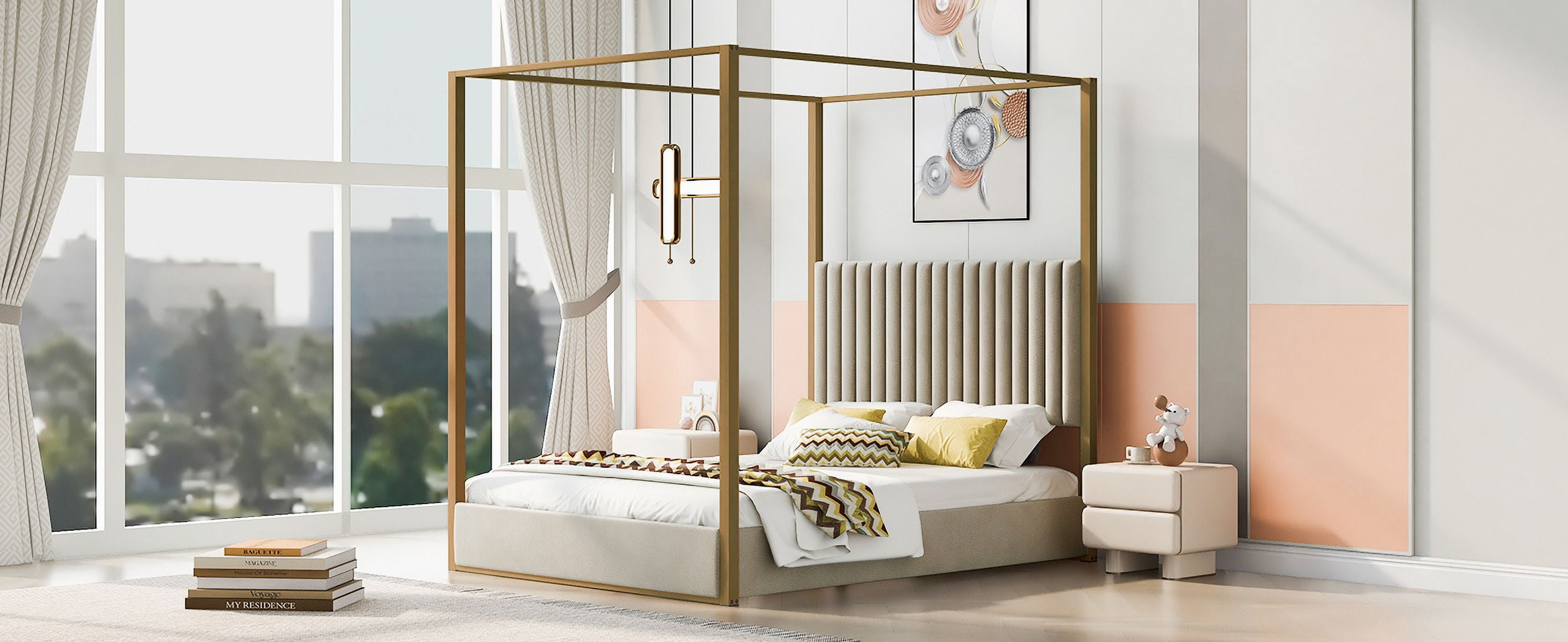 Noble House Queen Size Upholstery Canopy Platform Bed with Headboard and Metal Frame, Beige