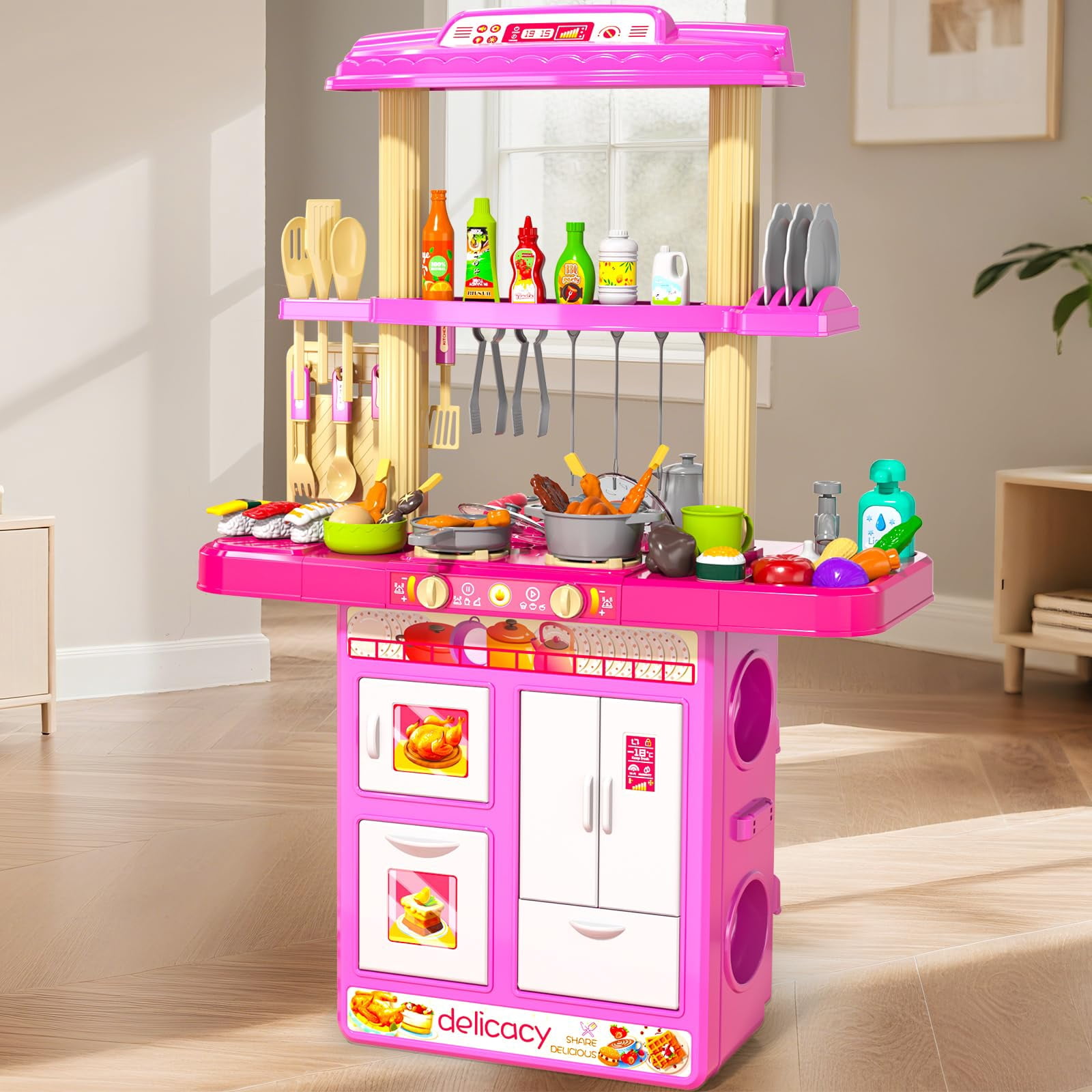 MSKOLER Pretend Play Kitchen Toys for Kid Ages 2-6 4-8, 2 Sided Kitchen Toys with Light, Sound and Spraying, Sink Toy Accessories, Cooking