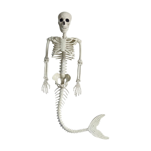 Aihimol Halloween Mermaid Skeleton 38.6-inch simulation skeleton decoration featuring a realistic skeletal design with a mermaid tail. Made of plastic, it includes movable joints for adjustable poses and a string for hanging. Ideal for haunted houses, Halloween parties, and holiday scene props.
