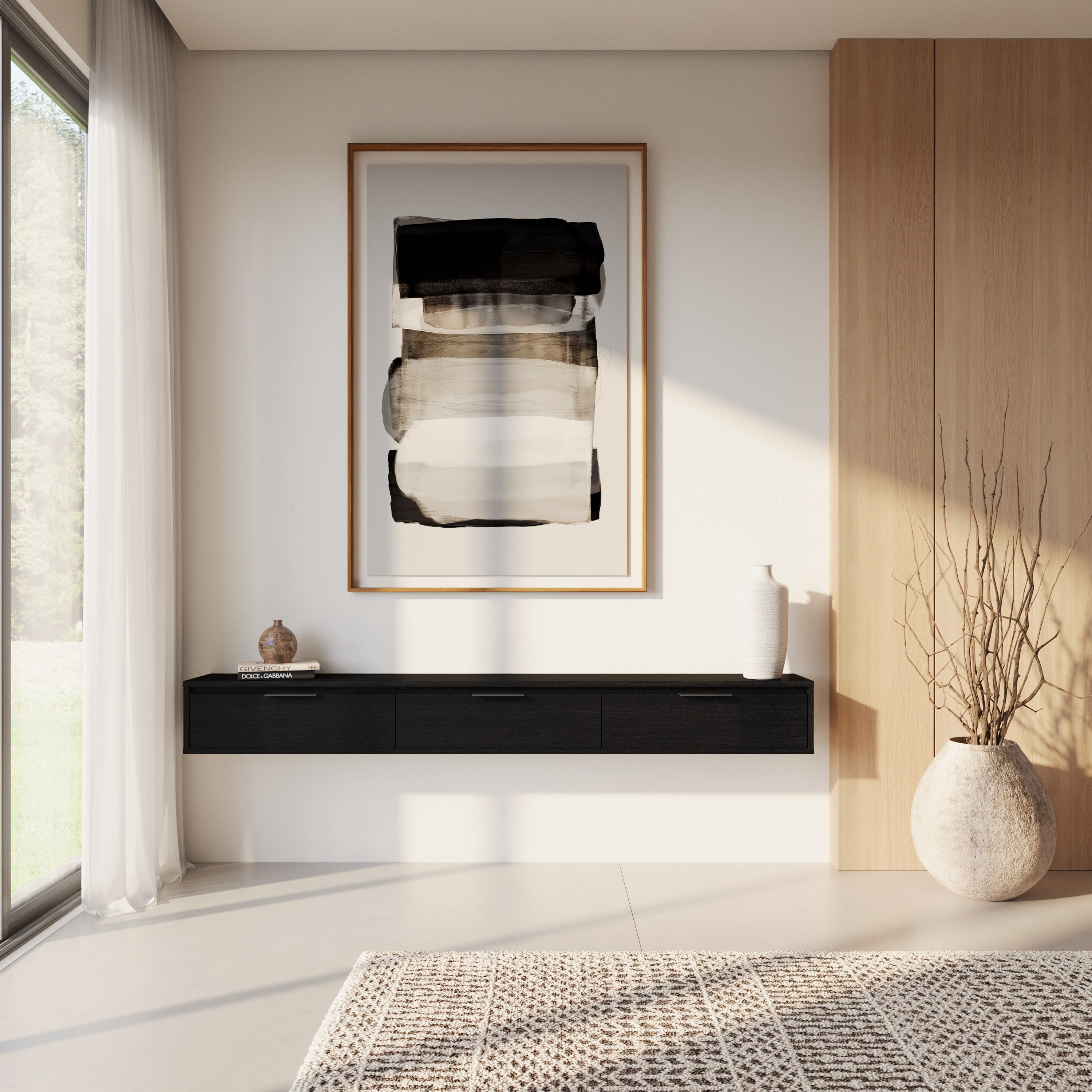 Meuble TV mural Nexera Slim 72 po à 3 portes et 3 armoires, noir